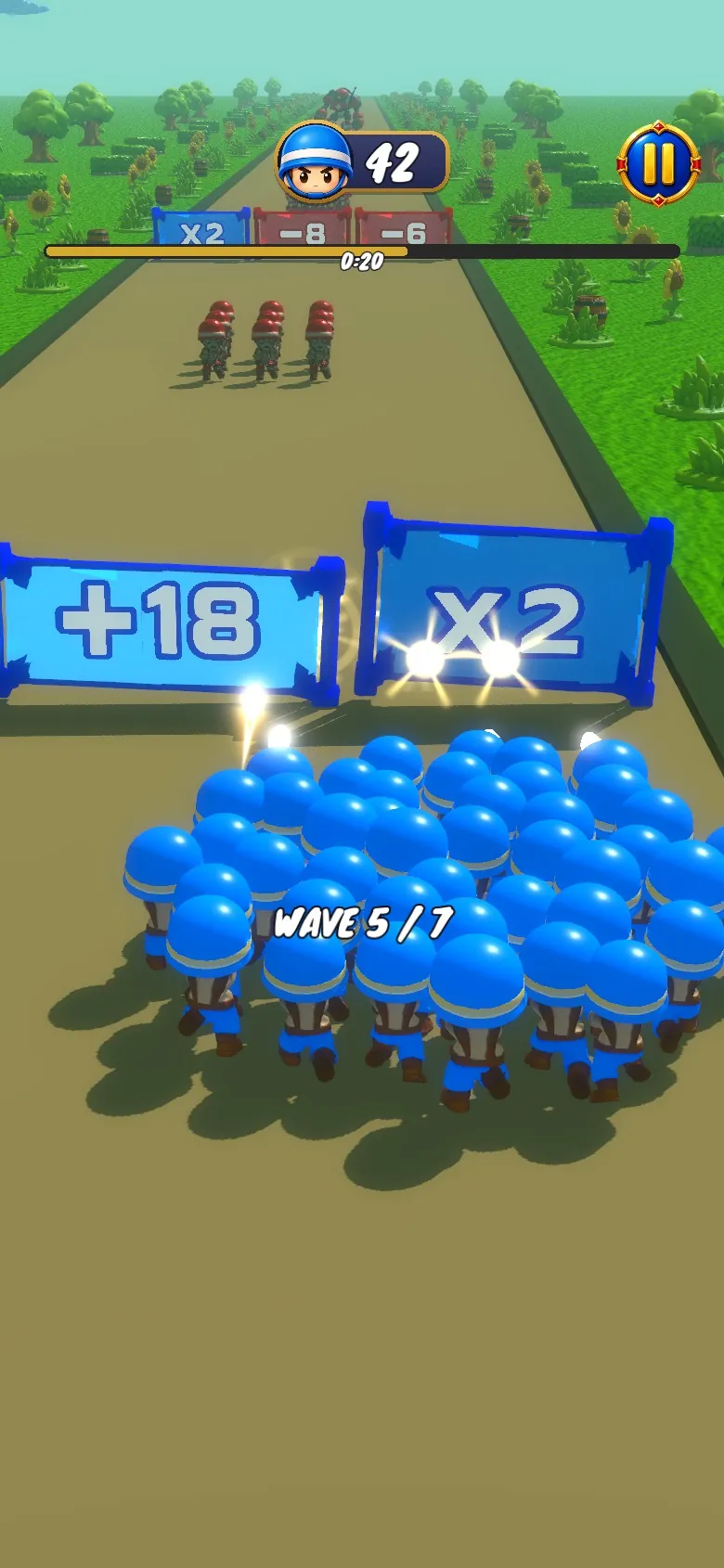 A squad of 42 soldiers runs at two gates, one marked +18 and one marked times 2.